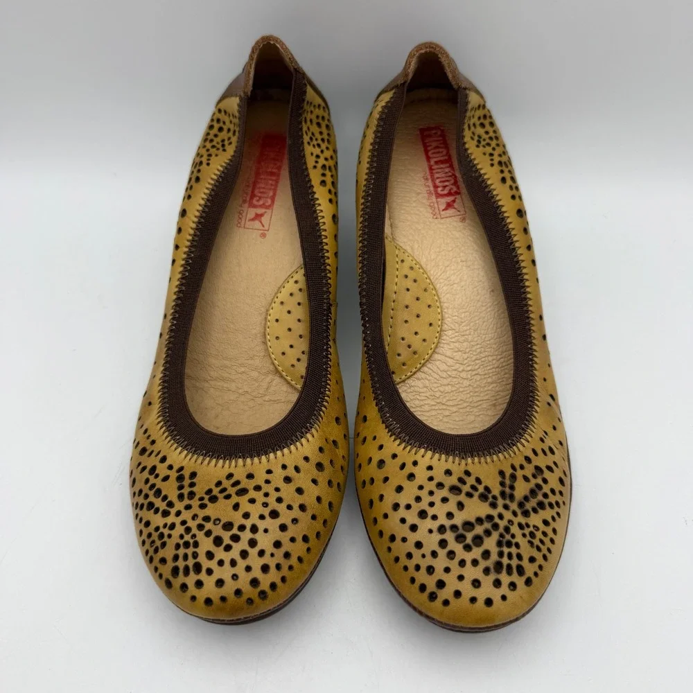 Pikolinos Wedge Pumps Womens 37 US 6.5-7 Yellow Leather Laser Cut Boho Slip On